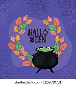Halloween witch bowl with leaves and spiderwebs design, Holiday and scary theme Vector illustration
