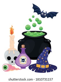 Halloween witch bowl skull poison eye hat and bat design, Holiday and scary theme Vector illustration