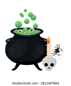 Halloween witch bowl skull and spider design, Holiday and scary theme Vector illustration
