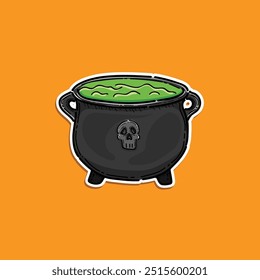 Halloween witch bowl sticker vector design illustration isolated in an orange background, halloween cauldron