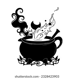 Halloween witch brew cauldron. Black silhouette of magic potion. Cartoon style. Vector flat illustration isolated on white background.