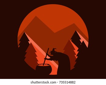 Halloween witch is brewing a potion. Mountain landscape flat style. Festive illustration. Vector