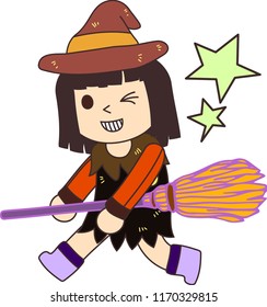 Halloween witch with a broom