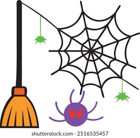 Halloween Hexenbesen, besen mit Spinne und ihrem Spinnennetz auf weißem Hintergrund. 