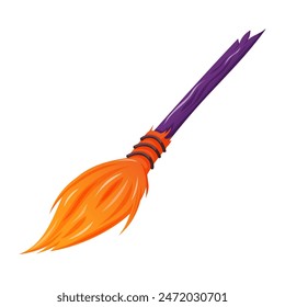 Halloween witch broom in cartoon style. Broomstick icon. Magic wooden besom for decoration and design. Vector illustration isolated on a white background.