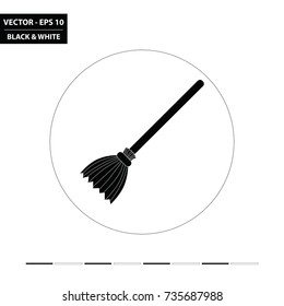 Halloween witch broom flat black and white icon. Vector Illustration.