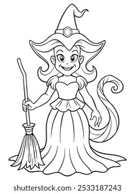 Halloween witch with a broom, great for kids' coloring pages