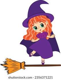 halloween witch with broom. happy halloween. vector illustration