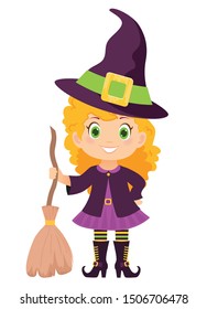 Halloween witch with broom and hat. Vector illustration.