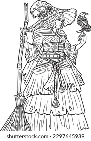 Halloween Witch and Broom Isolated Coloring Page