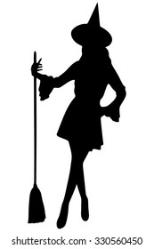 Halloween witch with broom isolated on white