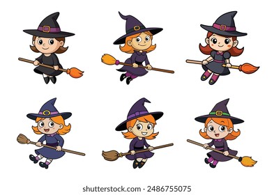 halloween witch with broom vector illustration, halloween witch isolated on white, witch with broom, witch flying with broom vector art
