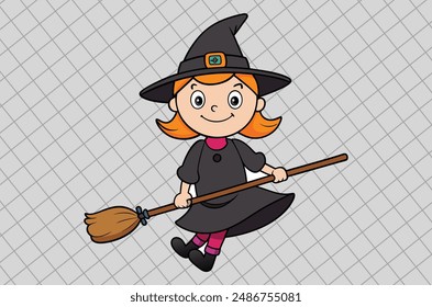 halloween witch with broom vector illustration, halloween witch isolated on white, witch with broom, witch flying with broom vector art
