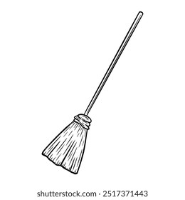 Halloween witch broomstick illustration in line art style. Graphic monochrome magic broom drawing. Hand drawn outline sketch, engraved doodle illustration. For coloring book, invitation, decoration.