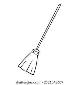 Halloween witch broomstick illustration in line art style. Graphic monochrome magic broom drawing. Hand drawn outline sketch, engraved doodle illustration. For coloring book, invitation, decoration.