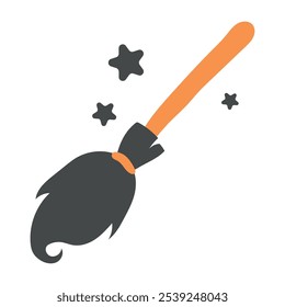 Halloween witch broomstick with orange handle and stars, spooky holiday Vector illustration