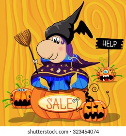 Halloween witch with broomstick. Sale of  pumpkins. Vector illustration. 