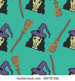 halloween witch and broomstick seamless pattern