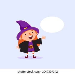 Halloween Witch with bubble for text Girl in witch costume smiling Funny character Isolated element from the set for festive design and advertising Vector illustration