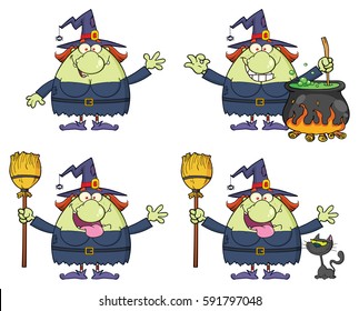 Halloween Witch Cartoon Mascot Character 2. Set Vector Collection Isolated On White