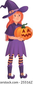 Halloween witch with cartoon pumpkin. Cute magic character isolated on white background