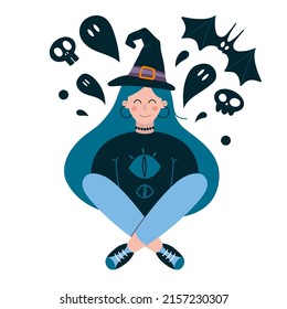 Halloween witch, cartoon style. Trendy modern vector illustration isolated on white background, hand drawn, flat design.