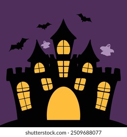 halloween witch castle with bats illustration