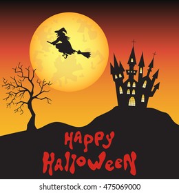 Halloween  witch,  castle  and moon background.  Vector  illustration  for  card, flyer or party  invitation.