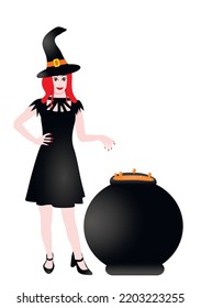 A Halloween witch casts a spell over a cauldron. Vector graphics