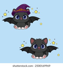 halloween witch cat with a bat vector illustration