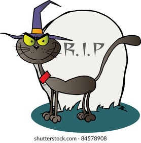 Halloween Witch Cat By A Tombstone