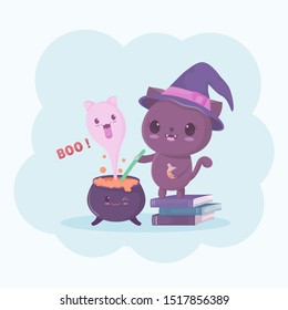 Halloween witch cat cartoon character and the  ghost in magic pot.