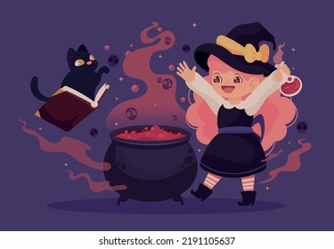 halloween witch and cat with cauldron