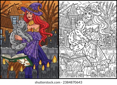 Bruja de Halloween con una ilustración de color de gato