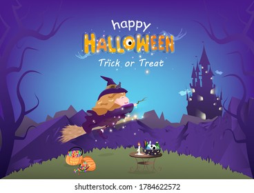 Halloween, witch with cat flying on dark forest to castle, cartoon kid character vector illustration