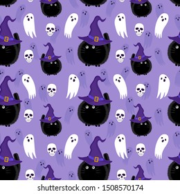 Halloween witch cat and ghost seamless pattern on purple background. halloween pattern background. vector illustration