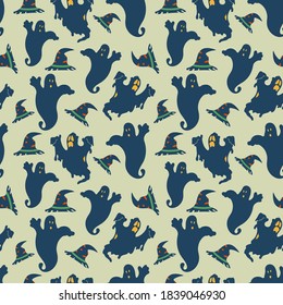 Halloween witch cat and ghost seamless pattern on purple background. halloween pattern background. vector illustration