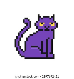 Halloween witch cat icon in pixel art design isolated on white background, vector sign symbol.