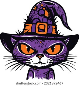 Halloween Hexenkatzengrafik, Diverse Group feiert in der Stadt - modern, glücklich, violett - erobert fröhliche Energie.