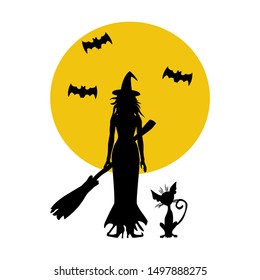 Halloween witch and cat illustration on the white background. Vector illustration