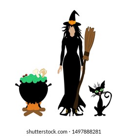 Halloween witch and cat illustration on the white background. Vector illustration