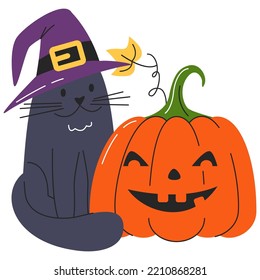 Halloween witch cat with Jack lantern isolated on white. Cute characters print design. Black kitten in hat with carving pumpkin with evil smiling face. Holiday hand drawn flat vector illustration