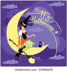 Halloween witch with cat on the moon holding a broom and a little pumpkin wishing happy halloween