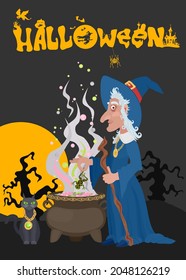 Halloween witch and cat on a vacant lot near the moon. vector flat style