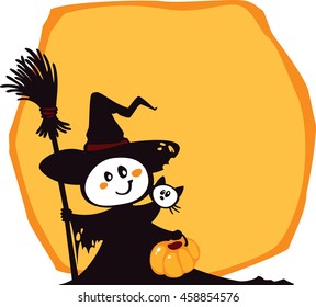 Halloween witch and cat on an yellow background. Halloween illustration with copy-space. 
