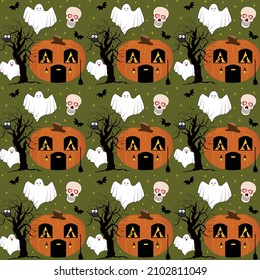 halloween witch cat pumpkin tree ghost bat owl star skull background mobile wallpaper green house eps 10 vector textile fashion