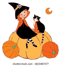 Halloween witch and cat sitting on the pumpkin, hand-drawn.