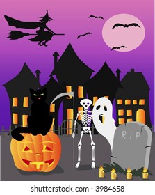 Halloween witch, cat and skeleton with pumpkin, vector illustration