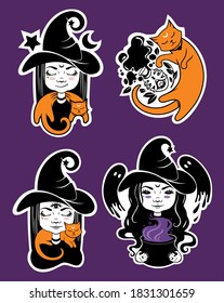 Halloween witch with cat and spells stickers icons clipart background pattern