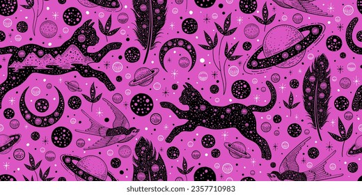 Patrón de brujas de Halloween. Fondo de boho sin inconveniente con gato, luna. Impresión mágica púrpura rosa. Patrón de groovía de época. Dibujo vectorial de garrapatas, pájaros, garrapatas. Papel tapiz esotérico celeste